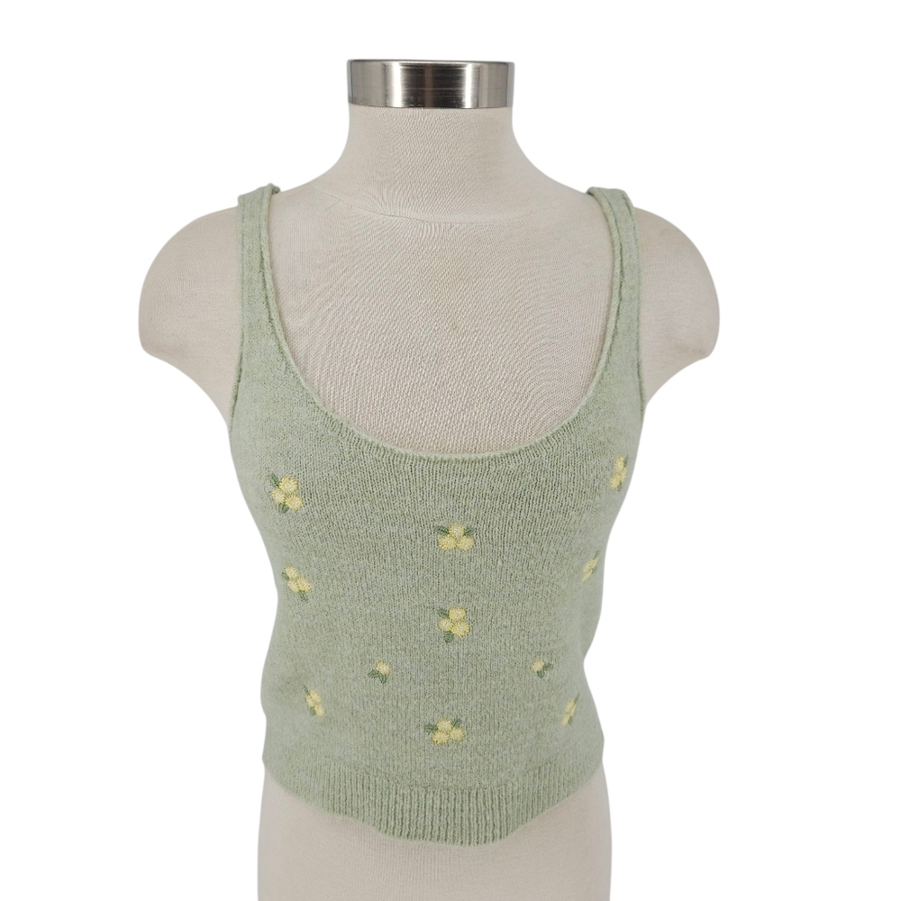 MNG Mango Sweater Tank Green Floral Embroidered Y2K Knit Shirt Medium